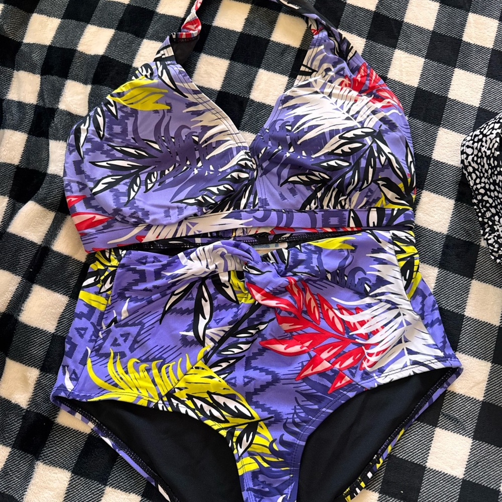 Purple Tropical Print Halter Tankini Swimsuit - Women